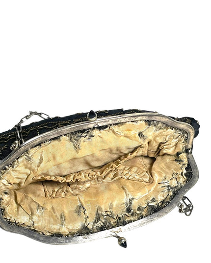 Antique 1910 black sateen hand beaded wristlet purse bag