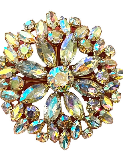 Vintage 1950s Gold finish Crystal AB fancy LARGE starburst brooch quality
