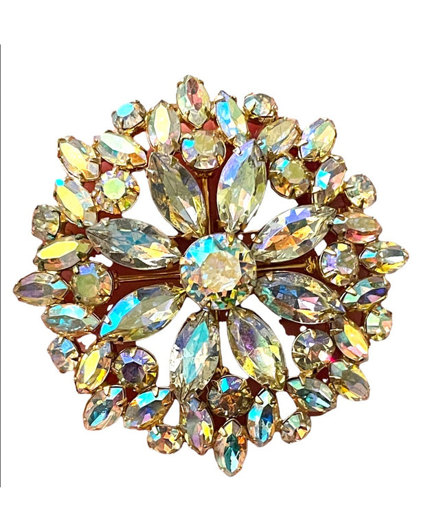 Vintage 1950s Gold finish Crystal AB fancy LARGE starburst brooch quality