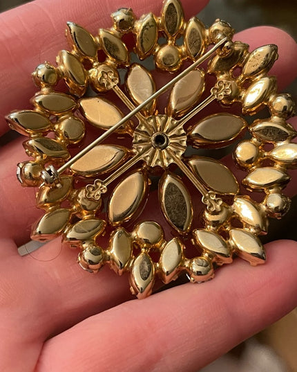 Vintage 1950s Gold finish Crystal AB fancy LARGE starburst brooch quality