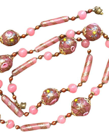 Vintage Wedding Cake Italian Venetian glass bead necklace pink and gold 1960s