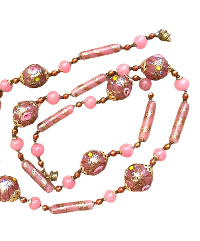 Vintage Wedding Cake Italian Venetian glass bead necklace pink and gold 1960s