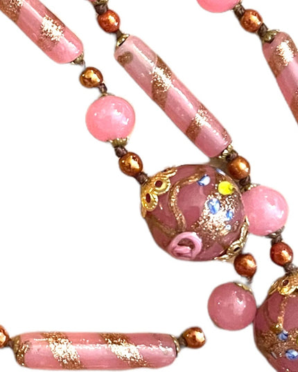 Vintage Wedding Cake Italian Venetian glass bead necklace pink and gold 1960s