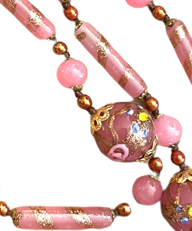Vintage Wedding Cake Italian Venetian glass bead necklace pink and gold 1960s