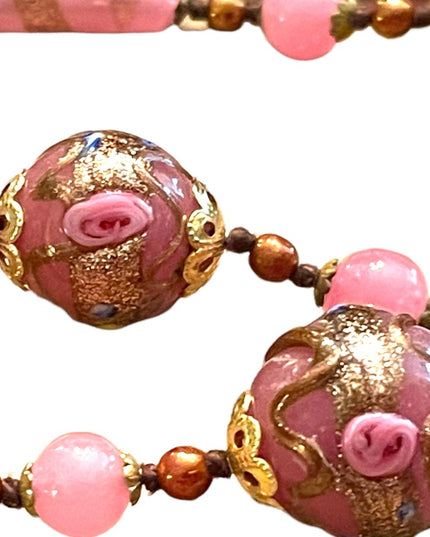 Vintage Wedding Cake Italian Venetian glass bead necklace pink and gold 1960s
