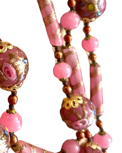 Vintage Wedding Cake Italian Venetian glass bead necklace pink and gold 1960s