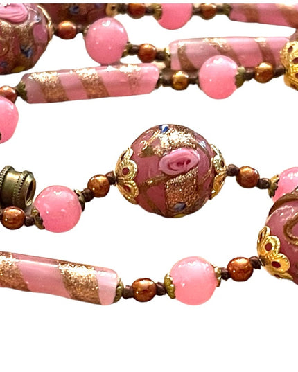 Vintage Wedding Cake Italian Venetian glass bead necklace pink and gold 1960s