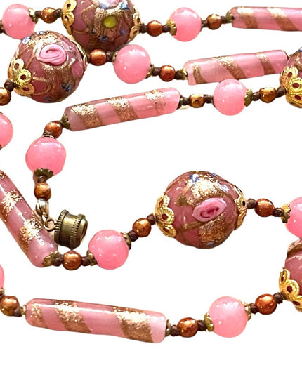 Vintage Wedding Cake Italian Venetian glass bead necklace pink and gold 1960s