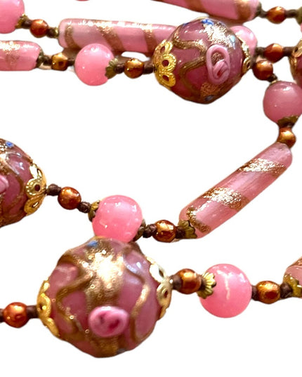 Vintage Wedding Cake Italian Venetian glass bead necklace pink and gold 1960s