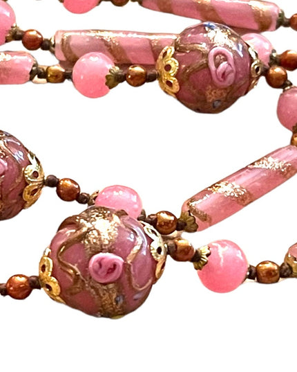 Vintage Wedding Cake Italian Venetian glass bead necklace pink and gold 1960s