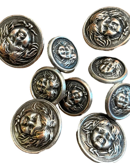 Vintage metal buttons gothic haunted face peasant women Medusa silver mix 1960s