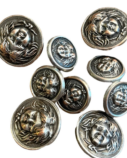 Vintage metal buttons gothic haunted face peasant women Medusa silver mix 1960s