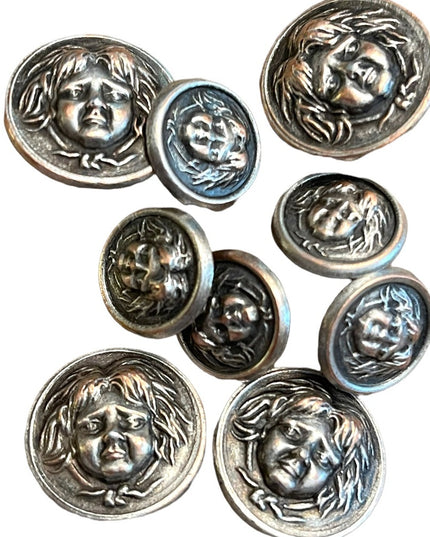 Vintage metal buttons gothic haunted face peasant women Medusa silver mix 1960s
