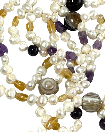 Banded Agate Amethyst Citrine fresh water pearl HEAVY 64” Bead necklace stunning