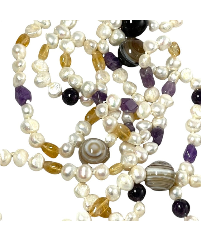 Banded Agate Amethyst Citrine fresh water pearl HEAVY 64” Bead necklace stunning