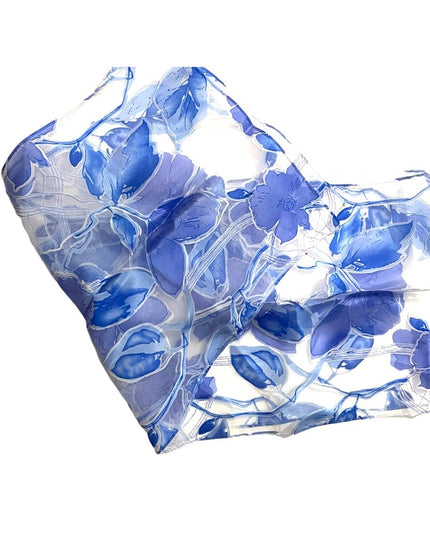Vintage 1950s Sheer Blue & white lovely flower scarf  Chiffon