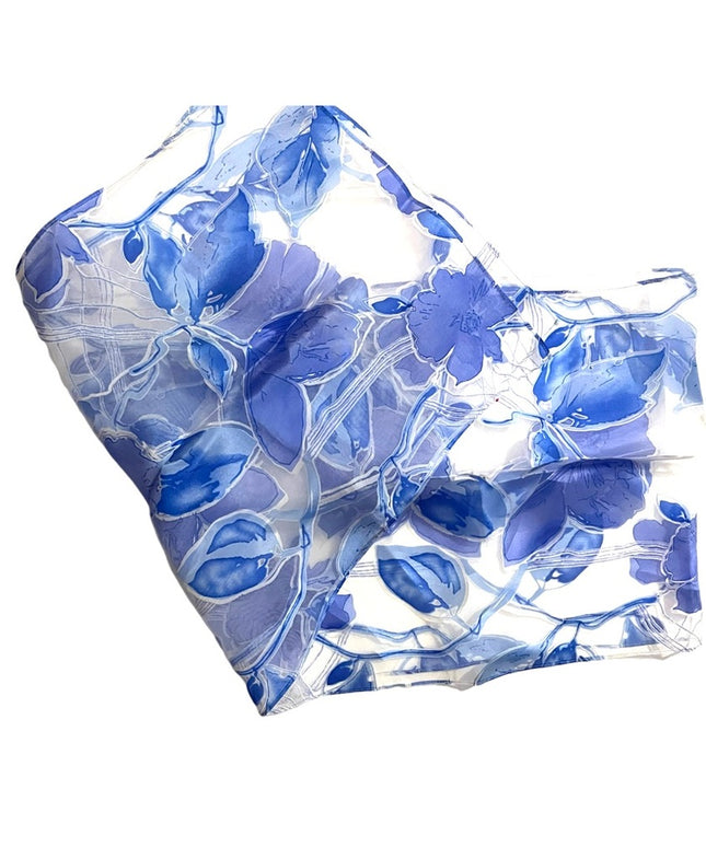 Vintage 1950s Sheer Blue & white lovely flower scarf  Chiffon