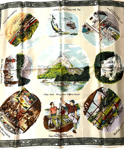 Vintage 1950s Milford Sound Acetate tourist scarf vacation tour fishing printed