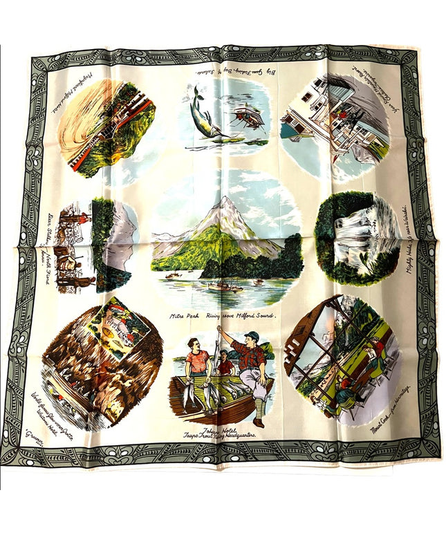 Vintage 1950s Milford Sound Acetate tourist scarf vacation tour fishing printed
