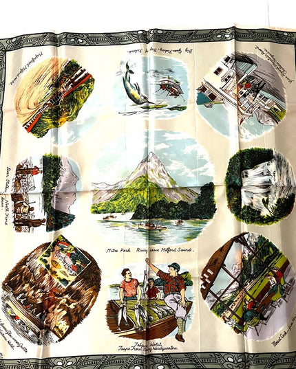 Vintage 1950s Milford Sound Acetate tourist scarf vacation tour fishing printed