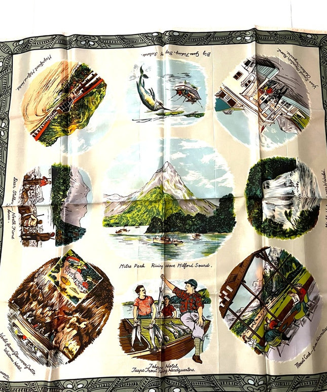 Vintage 1950s Milford Sound Acetate tourist scarf vacation tour fishing printed