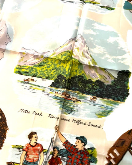 Vintage 1950s Milford Sound Acetate tourist scarf vacation tour fishing printed
