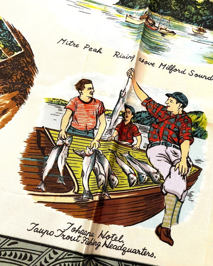 Vintage 1950s Milford Sound Acetate tourist scarf vacation tour fishing printed