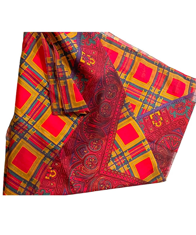 Vintage 1960s Fancy silk sheer Geometric with paisley print Large scarf