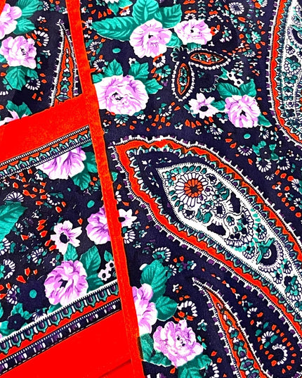 Vintage 1980s Red purple green Paisley flower scarf