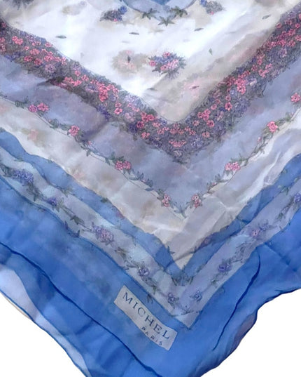 Vintage Michel Paris France silk chiffon sheer fancy blue pink flower scarf LG