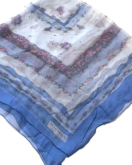 Vintage Michel Paris France silk chiffon sheer fancy blue pink flower scarf LG