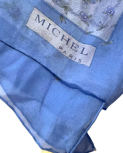 Vintage Michel Paris France silk chiffon sheer fancy blue pink flower scarf LG