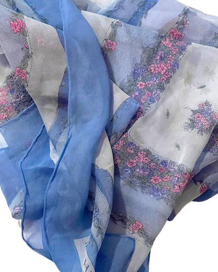 Vintage Michel Paris France silk chiffon sheer fancy blue pink flower scarf LG