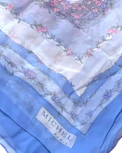 Vintage Michel Paris France silk chiffon sheer fancy blue pink flower scarf LG