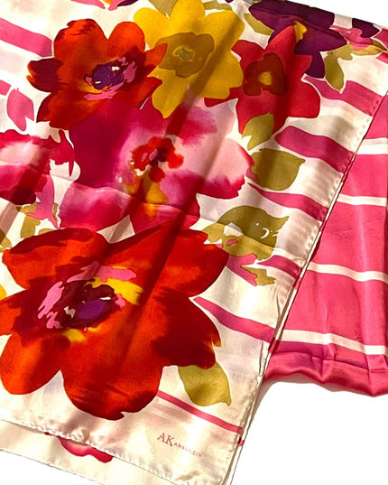 Ann Klein lovely pink colorful flower stripe SILK scarf