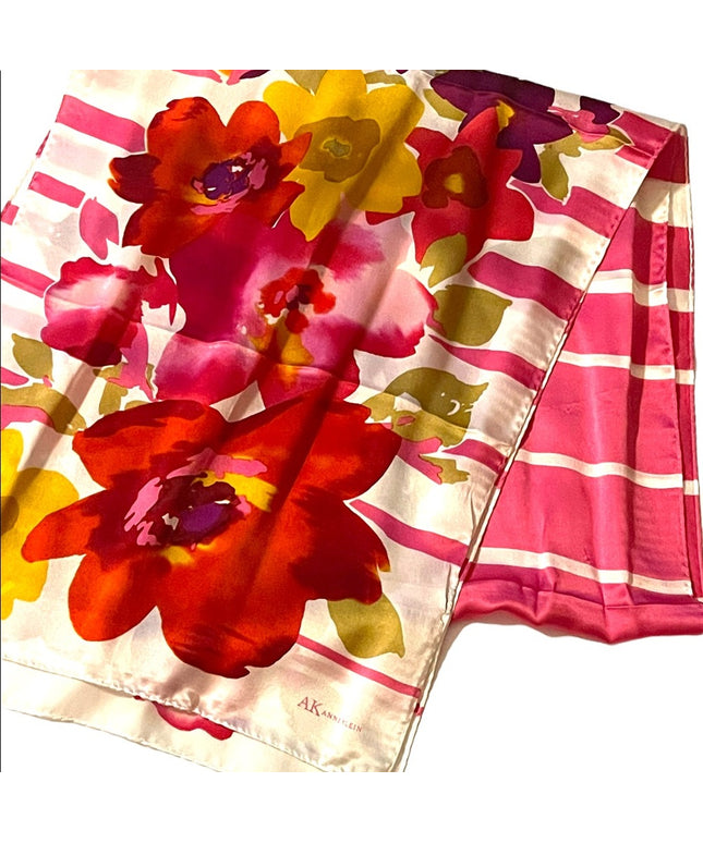 Ann Klein lovely pink colorful flower stripe SILK scarf