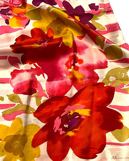 Ann Klein lovely pink colorful flower stripe SILK scarf