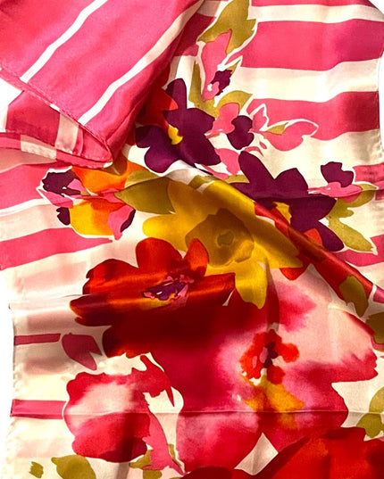 Ann Klein lovely pink colorful flower stripe SILK scarf