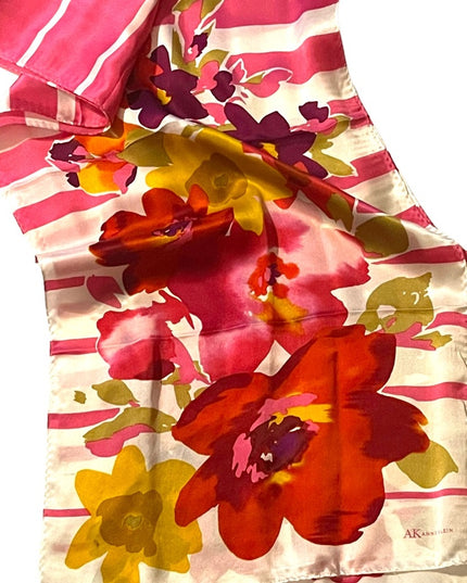 Ann Klein lovely pink colorful flower stripe SILK scarf