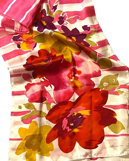 Ann Klein lovely pink colorful flower stripe SILK scarf