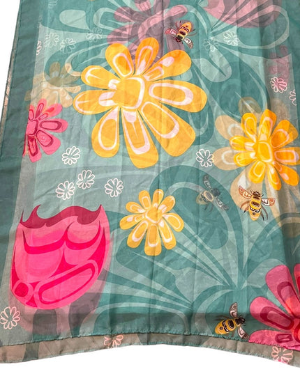Large 70x26” Native Northwest Summer fun scarf Polyester sheer bees flowers