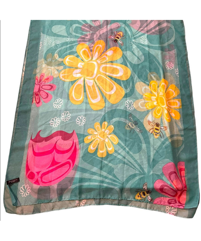 Large 70x26” Native Northwest Summer fun scarf Polyester sheer bees flowers
