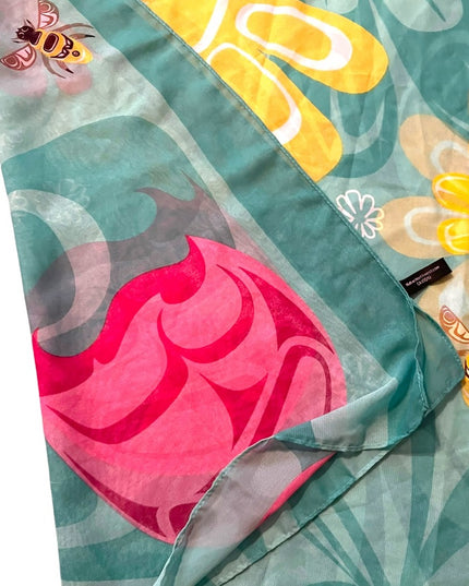 Large 70x26” Native Northwest Summer fun scarf Polyester sheer bees flowers
