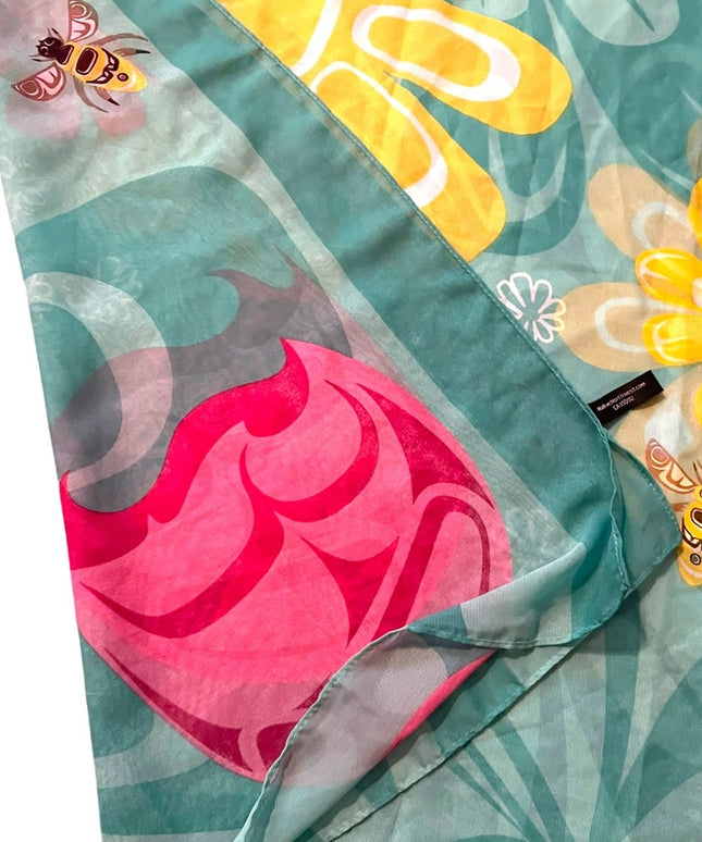 Large 70x26” Native Northwest Summer fun scarf Polyester sheer bees flowers