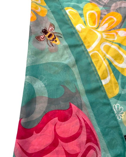 Large 70x26” Native Northwest Summer fun scarf Polyester sheer bees flowers