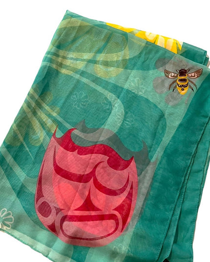 Large 70x26” Native Northwest Summer fun scarf Polyester sheer bees flowers