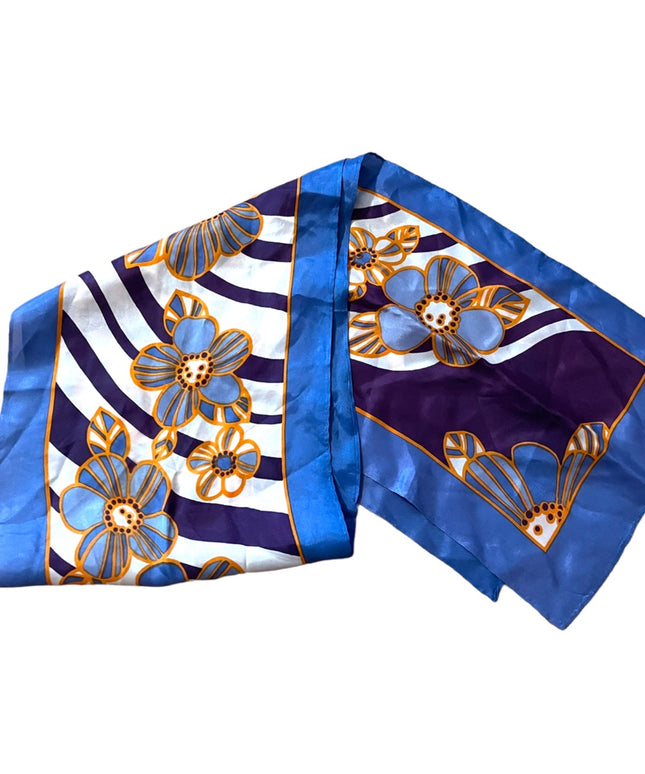 Vintage 1960s Blue orange flowers Acetate scarf lovely!