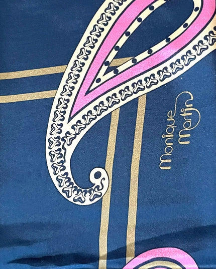Vintage 1960s Monique Martin Blue pink Paisley large scarf wrap Silk