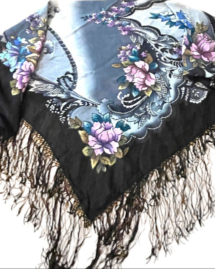 Vintage 1980s Beautiful pink flower wrap scarf coverup with fringe Large