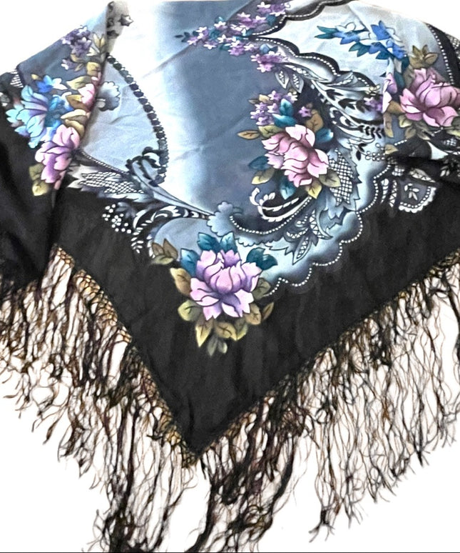 Vintage 1980s Beautiful pink flower wrap scarf coverup with fringe Large